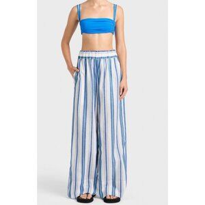 Bondi Born Women’s Fluid Drawstring Linen‎ Blend Light Blue Wide Leg Pants Sz L